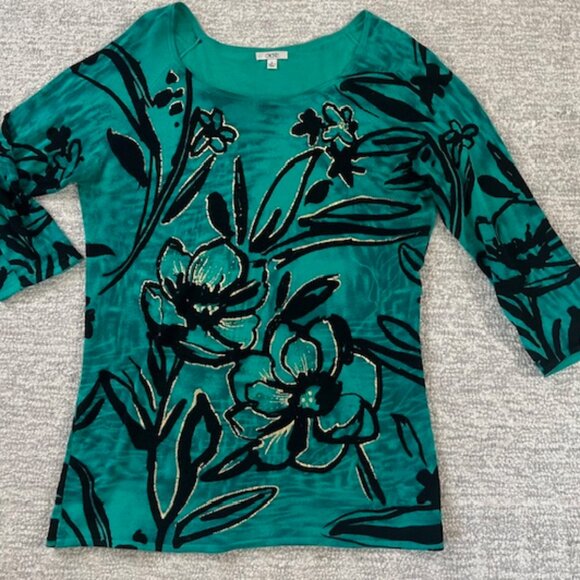 Cache women tunic sweater Green Gold Flower 3/4 sleeve Size L - Picture 1 of 4
